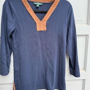 Lauren Ralph Lauren Navy‎ Blue and Tan 3/4 Sleeve Top faux suede V neck size M